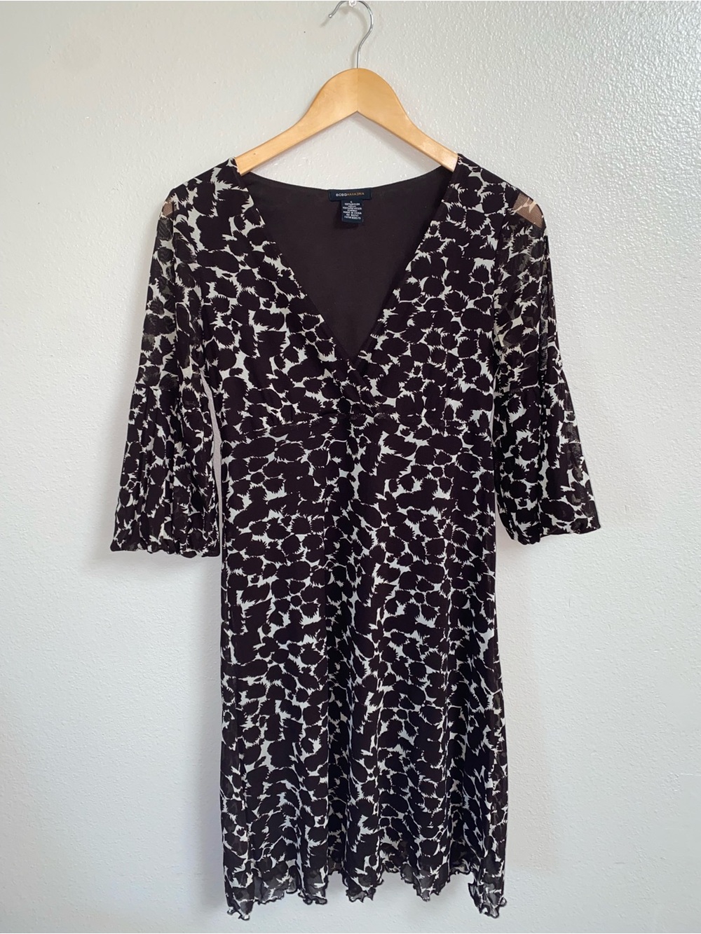 BCBGMAXAZRIA Vintage Brown Mesh Bell Sleeve V-Neck Dress Size S